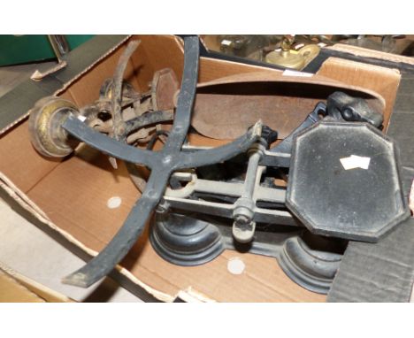 A set of Victorian cast iron potato scales with 4 square graduating weights; a set of Victorian kitchen scales and various lo