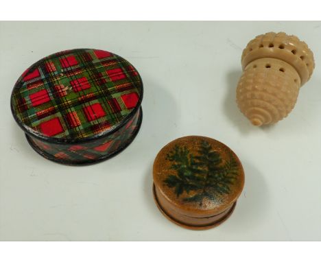 A circular Tartanware box, a smaller Fernware box and a vegetable ivory thimble case with thimble