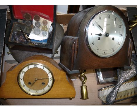 A selection of coins in inlaid box; a hallmarked silver brush, comb and picture frame