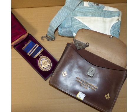 A hallmarked silver Masonic jewel ''Derbyshire'' in original box and Mason apron in leather case, a Ross Ensign 35mm camera