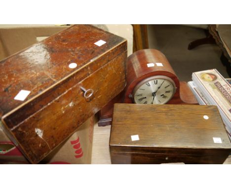 A 19th century mahogany 3 division tea caddy, an oak box and a striking mantle clock