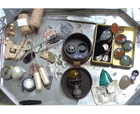 A silver fruit knife with mother of pearl handle, various items of jewellery