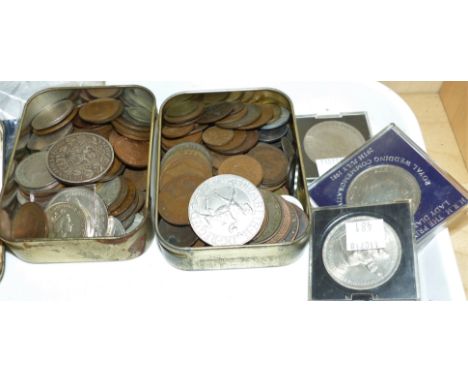 A collection of Crowns and other coins including an 1876 Leopald 11 silver coin