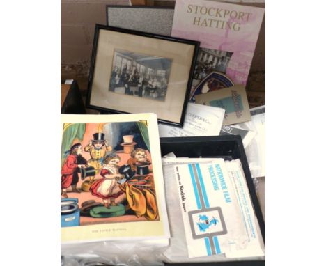 A collection of printed ephemera related to hat making including a vintage photograph of hatters in a workshop