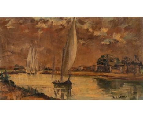 † GEORGES HANNA SABBAGH (EGYPTIAN 1887-1951) SAILING BOATSsigned in English G.H.SABBAGH. lower rightoil on canvas26 x 45cm; 1