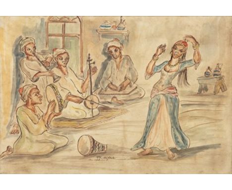 † RAGHEB AYAD (EGYPTIAN 1892-1982) MEN PLAYING MUSIC, A LADY DANCINGpen and ink and watercolour on papersigned and dated in E