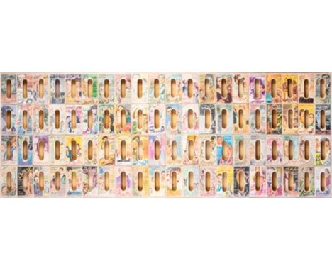 † AYMAN YOSSRI DAYDBAN (PALESTINIAN-JORDANIAN B.1966) MAHAREMsilkscreen prints on eighty joined wooden tissue boxes107 x 283 