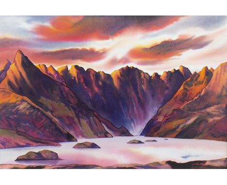 * PETER GOODFELLOW (BRITISH b 1950), THE BLACK CUILLIN DAWN watercolour on paper, signed 48cm x 70cm Mounted, framed and unde