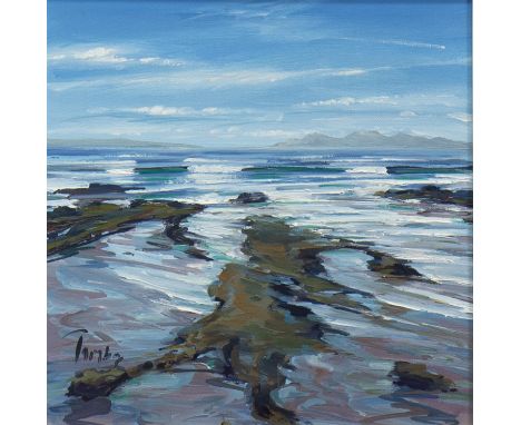 * TOM BARRON, ROCKS AND SHORE, MACHRIHANISH oil on canvas, signed; titled verso 30cm x 30cm Framed. Note: Tom is a Scottish l
