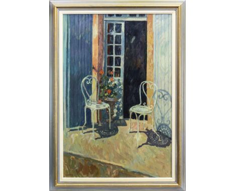* ANNABEL GOSLING (BRITISH b 1942), AFTERNOON SUN, BURGUNDY oil on canvas, signed 92cm x 61cm Framed. Label verso: Woodhay Pi