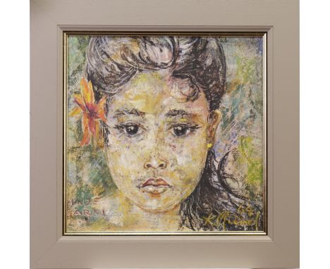 BALINESE SCHOOL, MADE SARNI, PORTRAIT OF A YOUNG GIRL oil on canvas, signed indistinctly and dated '64 40cm x 40cm Framed