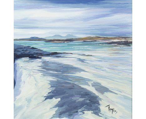 * TOM BARRON, ROCKS AND SHORES, SANNA oil on canvas, signed; titled verso 40cm x 40cm Framed. Note: Tom is a Scottish landsca