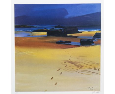 * PAM CARTER (SCOTTISH b 1952), FOOTSTEPS AND ORANGE SANDS, MONTROSE BAY limited edition lithographic print, signed and numbe