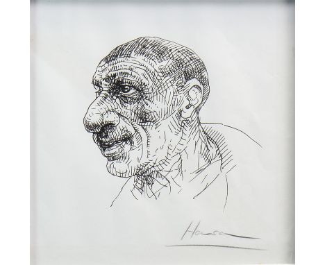 * PETER HOWSON OBE (SCOTTISH b 1958), HEAD STUDY pen on paper, signed in pencil 15cm x 15cm Mounted, framed and under glass