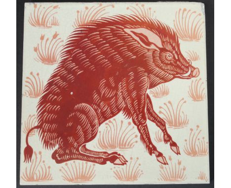 William de Morgan glazed pottery tile, decorated in ruby lustre with a seated wild boar, 15 cm² CONDITION REPORTS Lot 199 has