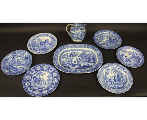 A collection of 19th Century blue and white wares to include Chinoiserie pattern jug decorated with figures on a path 14 cm h