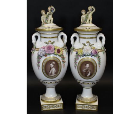 A pair of 19th Century Copenhagen exhibition quality vases, the main body decorated with portrait study of Prince Frederick a