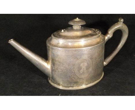 A George III silver teapot of plain oval form with bright cut decoration of swags of flowers and fruit, together with a carto