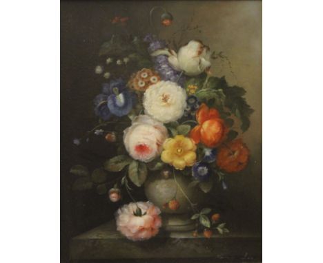 NANCY LEE (20th Century) "Flowers in a vase on a stone ledge", still life study in the Old Master style, oil on canvas, signe