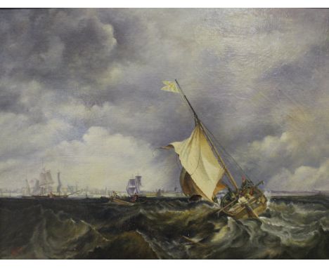 19TH CENTURY ENGLISH SCHOOL "A Brighton fishing boat and distant vessels off a port 1881", oil on canvas, indistinctly signed