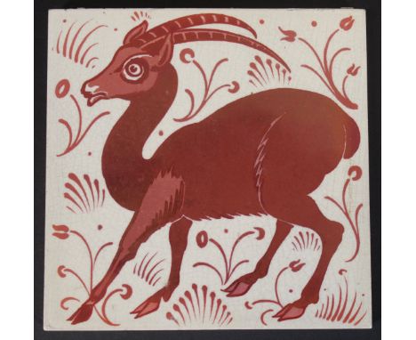 William De Morgan glazed pottery tile decorated in ruby lustre with an antelope, 15 cm² CONDITION REPORTS Lot 198 has all ove