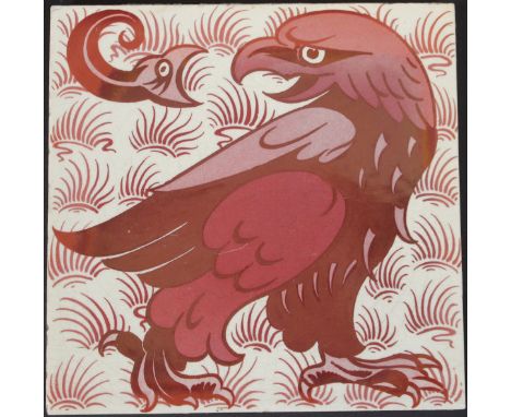 William de Morgan glazed pottery tile, decorated in ruby lustre with an eagle and fish 15 cm² CONDITION REPORTS Lot 205 has a