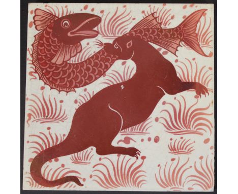 William de Morgan glazed pottery tile, decorated in ruby lustre with an otter and fish, 15 cm² CONDITION REPORTS Lot 203 has 