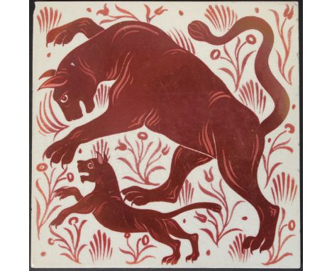 William de Morgan glazed pottery tile, decorated in ruby lustre with a feline and young, 15 cm² CONDITION REPORTS Lot 202 has