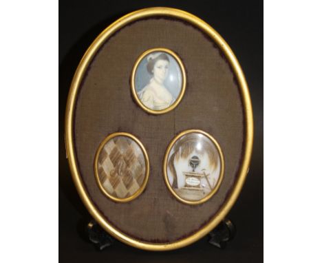 18TH CENTURY ENGLISH SCHOOL "Anne Unwin", a miniature portrait study, bust length, oil on ivory mounted with a hair lattice, 