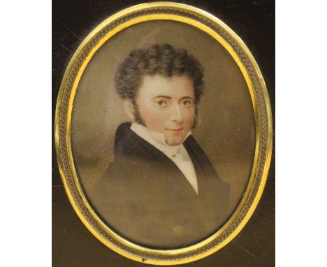 EARLY 19TH CENTURY ENGLISH SCHOOL "Gentleman in black coat and white stock", a miniature portrait study, bust length, waterco