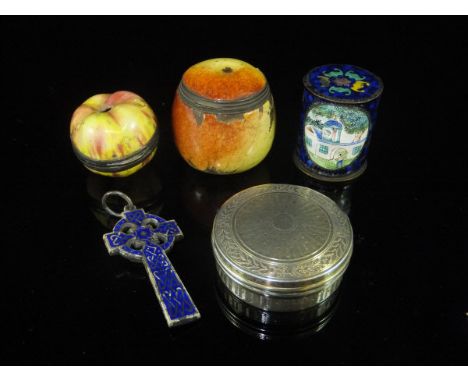 A Bilston enamel style vinaigrette in the form of an apple, opening to reveal a gilded grille, the lid set with a porcelain p