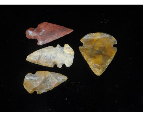 Four stone age flint arrow heads CONDITION REPORTS Unknown where from - condition as expected from stone age arrow heads.  Ge