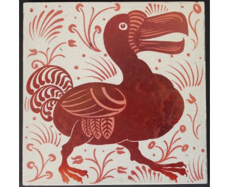 William de Morgan glazed pottery tile, decorated in ruby lustre with a dodo, 15 cm² CONDITION REPORTS Lot 201 has all over cr