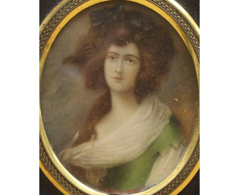 CIRCA 1800 ENGLISH SCHOOL "Fanny Raymond-Barker" a miniature portrait study, half-length, oil on ivory, unsigned, oval, 7.8 c