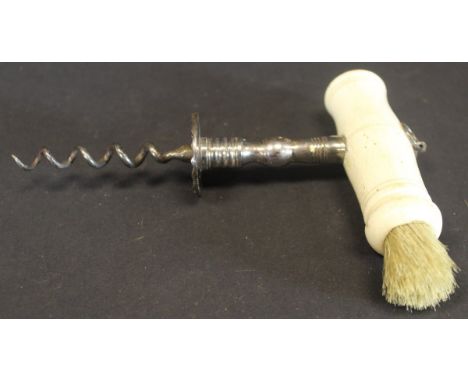 A 19th Century English Direct Pull corkscrew, the turned steel shank with ringed decoration, the serrated button over a plain