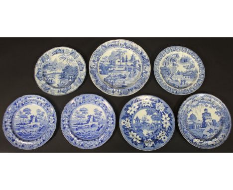 A collection of seven 19th Century blue and white plates including 'Elephant' pattern by Rogers, 'Monopteros' pattern by Roge