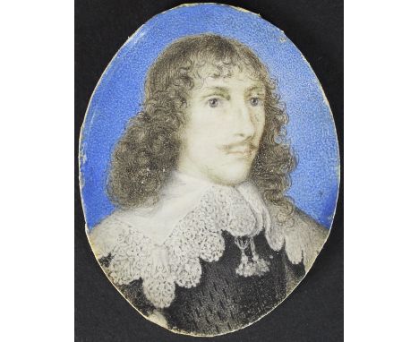 ENGLISH SCHOOL IN THE 17TH CENTURY MANNER "Gentleman in black shirt and white lace collar", a miniature portrait study, head 