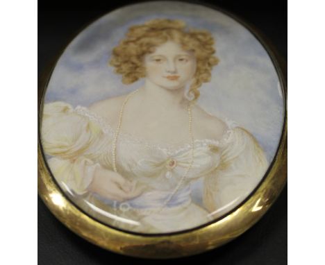 19TH CENTURY ENGLISH SCHOOL "Young lady in cream lace-trimmed dress with blue band holding an eye-glass", a miniature portrai