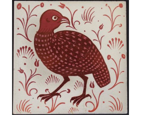 William de Morgan glazed pottery tile, decorated in ruby lustre with a quail, 15 cm² CONDITION REPORTS Lot 204 has all over c