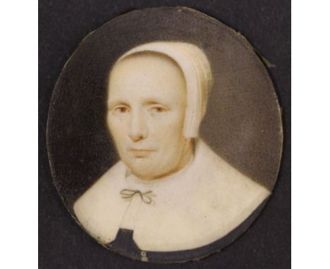 17TH CENTURY ENGLISH SCHOOL "Woman in mop cap and white collar", miniature portrait study, oil on ivory, unsigned, 4.7 cm x 4