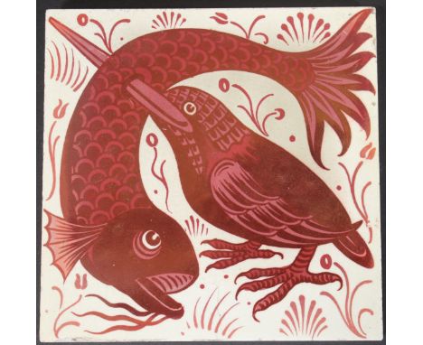 William de Morgan glazed pottery tile, decorated in ruby lustre with a kingfisher and fish 15 cm² CONDITION REPORTS Lot 200 h