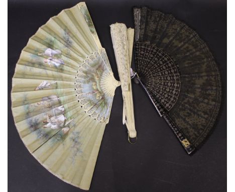 A 19th Century ivory and silk fan, the silk top half painted with scenes of children playing outside with sheep and buckets o