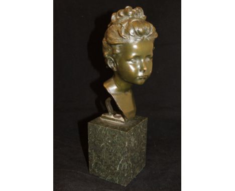 ALFRED DRURY (1856-1944) "The age of Innocence", a late 19th/early 20th Century bronze shoulder-length bust of a young girl, 