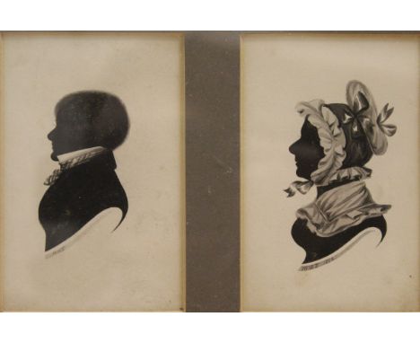 M H FROST (fl. 1827-1831) "Man and Woman in profile", a pair of miniature silhouette portrait bust studies with gilt highligh
