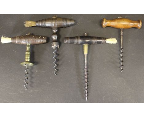 A Robert Jones & Son Direct Pull corkscrew with turned rosewood handle and brush, another Robert Jones & Son Direct Pull cork