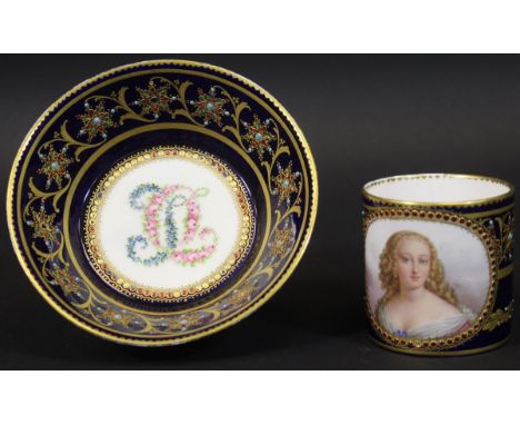 An 18th Century Sèvres cabinet cup decorated with portrait medallion of Madamoiselle De Lavallière, date marked for 1790, dec