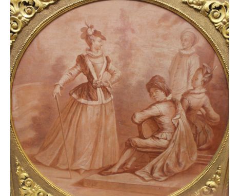 IN THE STYLE OF ANGELICA KAUFFMANN (1741-1807) "Music in the Garden" study of figures in a garden one playing guitar, monochr