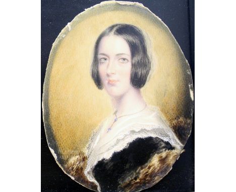 HENRY COLLEN (1798-1878) "Lady in black dress with white lace collar and fur wrap", miniature portrait study head, head and s