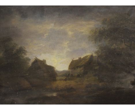 CIRCLE OF HERMANN VAN SWANEVELD (1600-1655) "Figures by cottages in a landscape with pond in foreground", oil on panel, indis