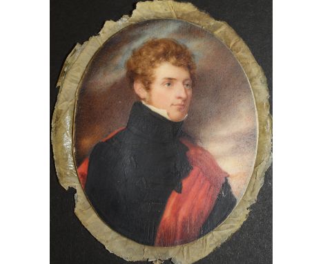 EARLY 19TH CENTURY ENGLISH SCHOOL "Young man in black coat with red sash", a miniature portrait study half-length oil on ivor